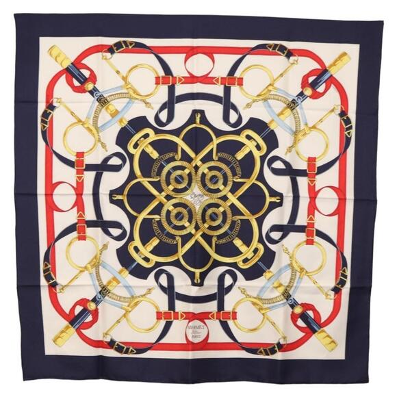 HERMES Carre 90 Scarf Silk ”Eperon d'Or” Navy Auth am9720 - Picture 1 of 12